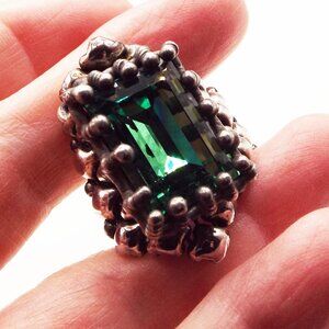 MOST UNIQUE SILVERY DIAMOND LINK - MASSIVE GREENISH BLUE CRYSTAL SZ 6 RING BR